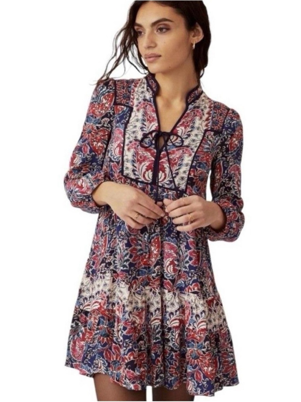Anthropologie Navy, Red and Cream Floral Tie-Front Mini Dress